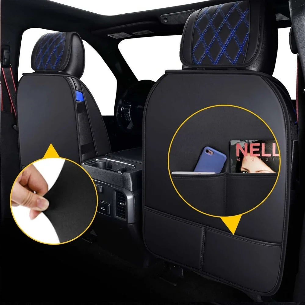 Car Seat Covers Full Set with Waterproof Leather Fit for 2009 to 2023 Ford F150 and 2017 to 2023 F250 F350 F450,Double,Extended Cab or Pickup Truck(Full Set, Black-Blue)