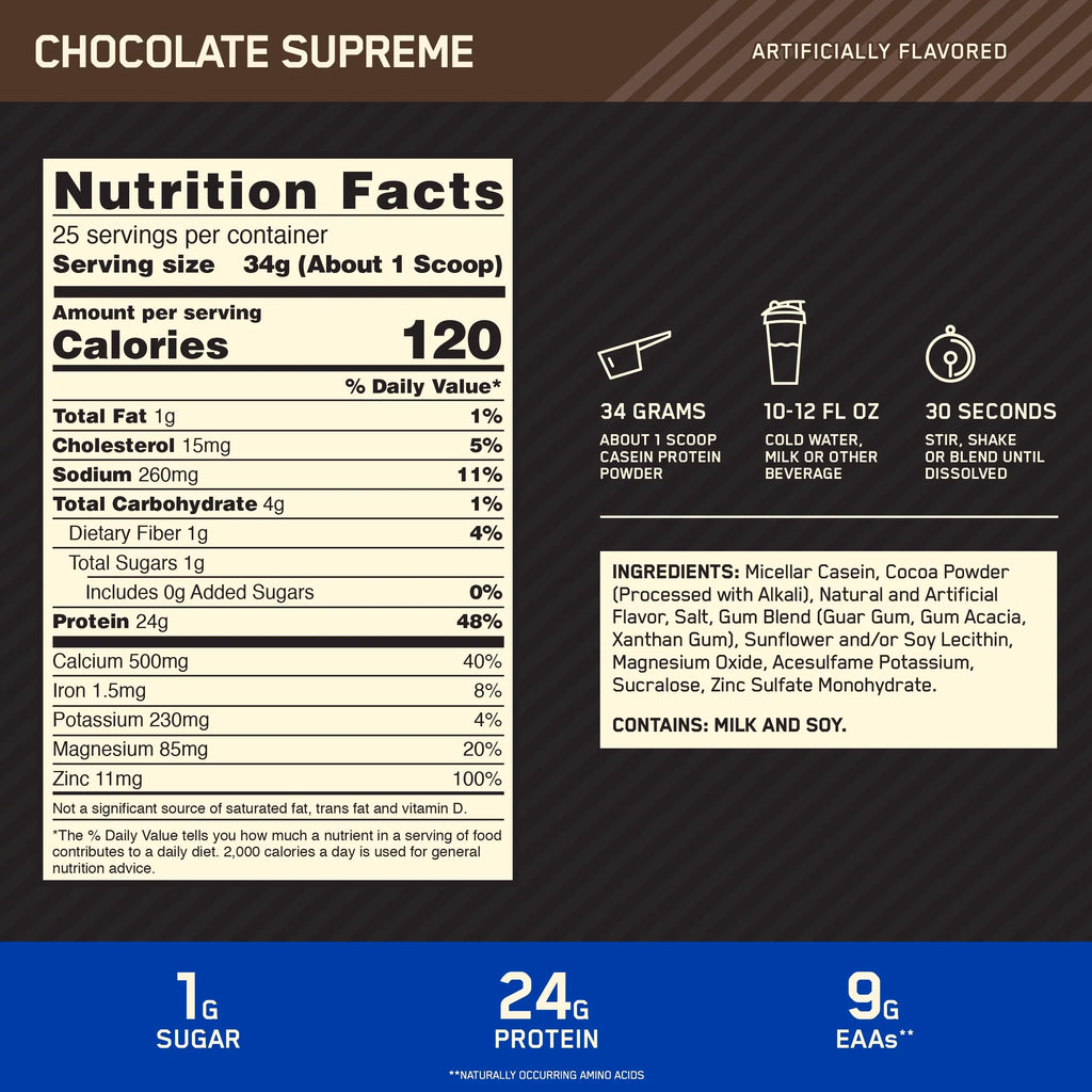 Optimum Nutrition, Gold Standard 100% Casein, 24 g Protein Powder, ChocoLatitudee Supreme, 1.87 lb, 25 Servings