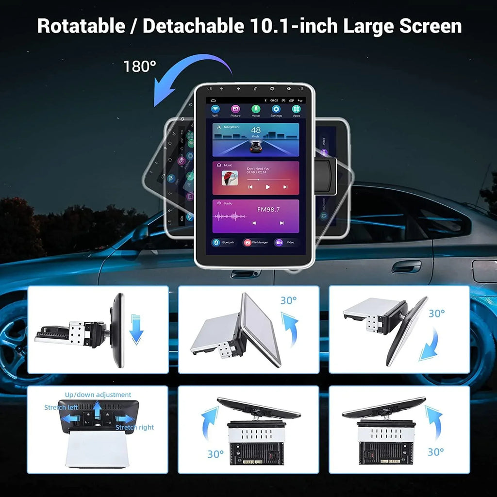 Podofo 1+16G Wireless Carplay Android Auto Single 1 Din 10.1'' Car Stereo Radio 180°Rotatable Vertical Screen Android 13 HD 1080P WIFI GPS FM Bluetooth, AHD Camera New