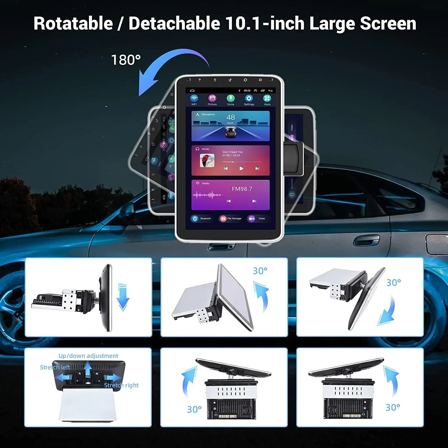 Podofo 1+16G Wireless Carplay Android Auto Single 1 Din 10.1'' Car Stereo Radio 180°Rotatable Vertical Screen Android 13 HD 1080P WIFI GPS FM Bluetooth, AHD Camera New