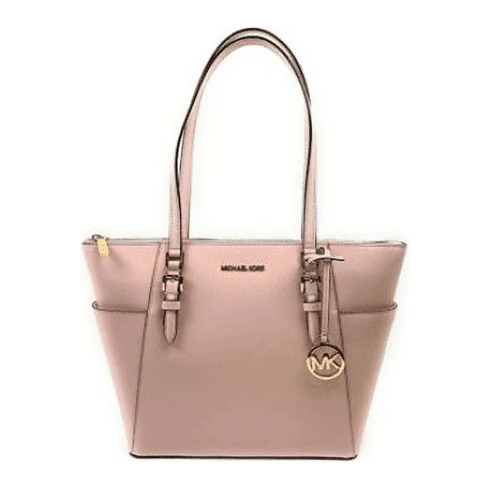 Michael Kors Charlotte Signature Leather Large Top Zip Tote Handbag Bag (Powder Blush Solid), Female