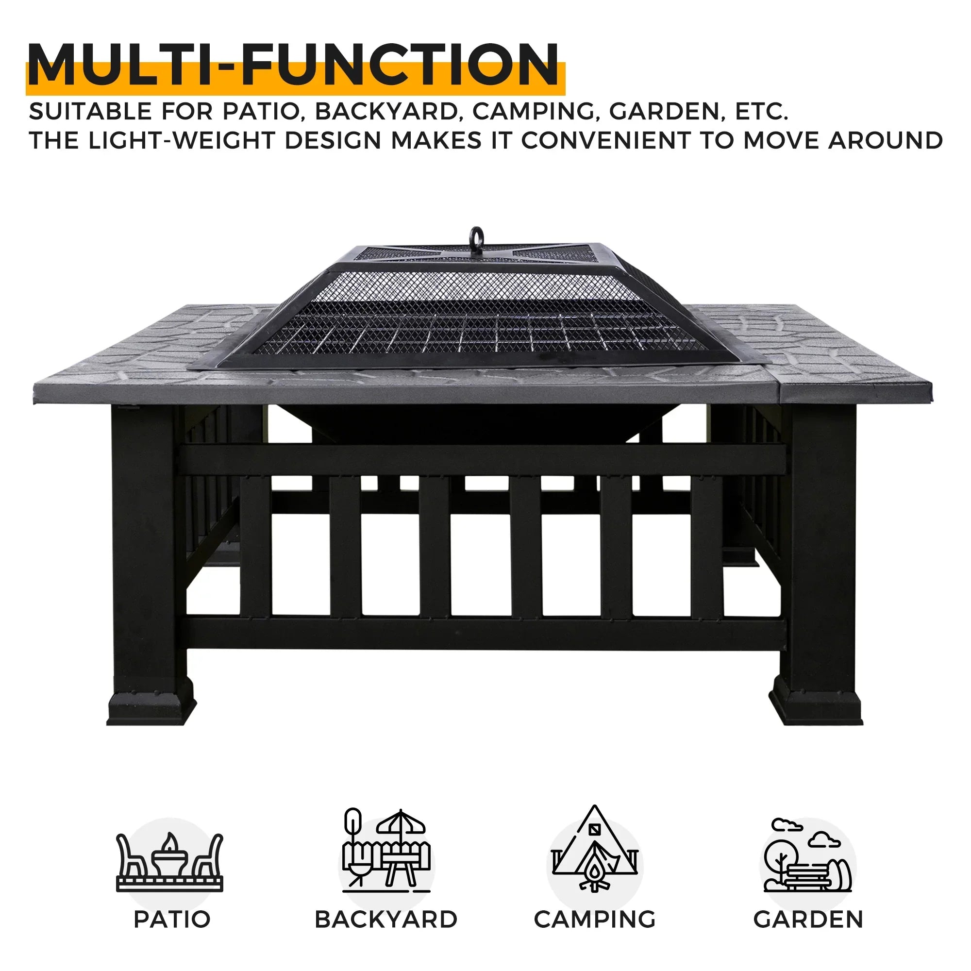 Kmowoo Multifunctional Fire Pit Table 32in 3 in 1 Metal Square Patio Firepit Table BBQ Garden Stove with Spark Screen, Cover, Log Grate and Poker