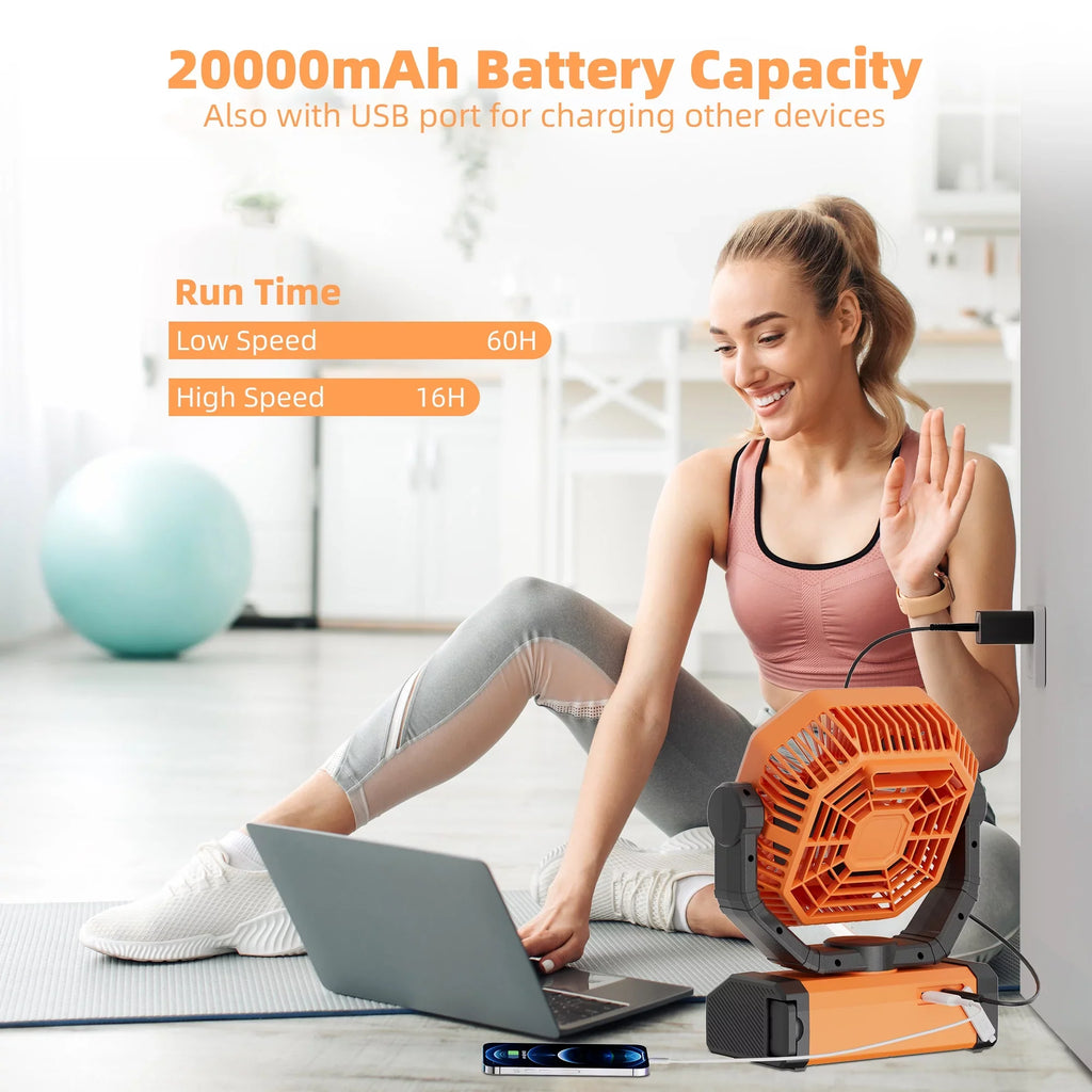 MORIKO Portable Cordless Fan 20000mAh Rechargeable Battery Powered VentiLatitudeor w/ LED Lantern, Remote, Hook, Timer, 270° Pivot 90° OscilLatitudeing 4 Speed Brushless Motor, Outdoor Jobsite Garage Patio Fan