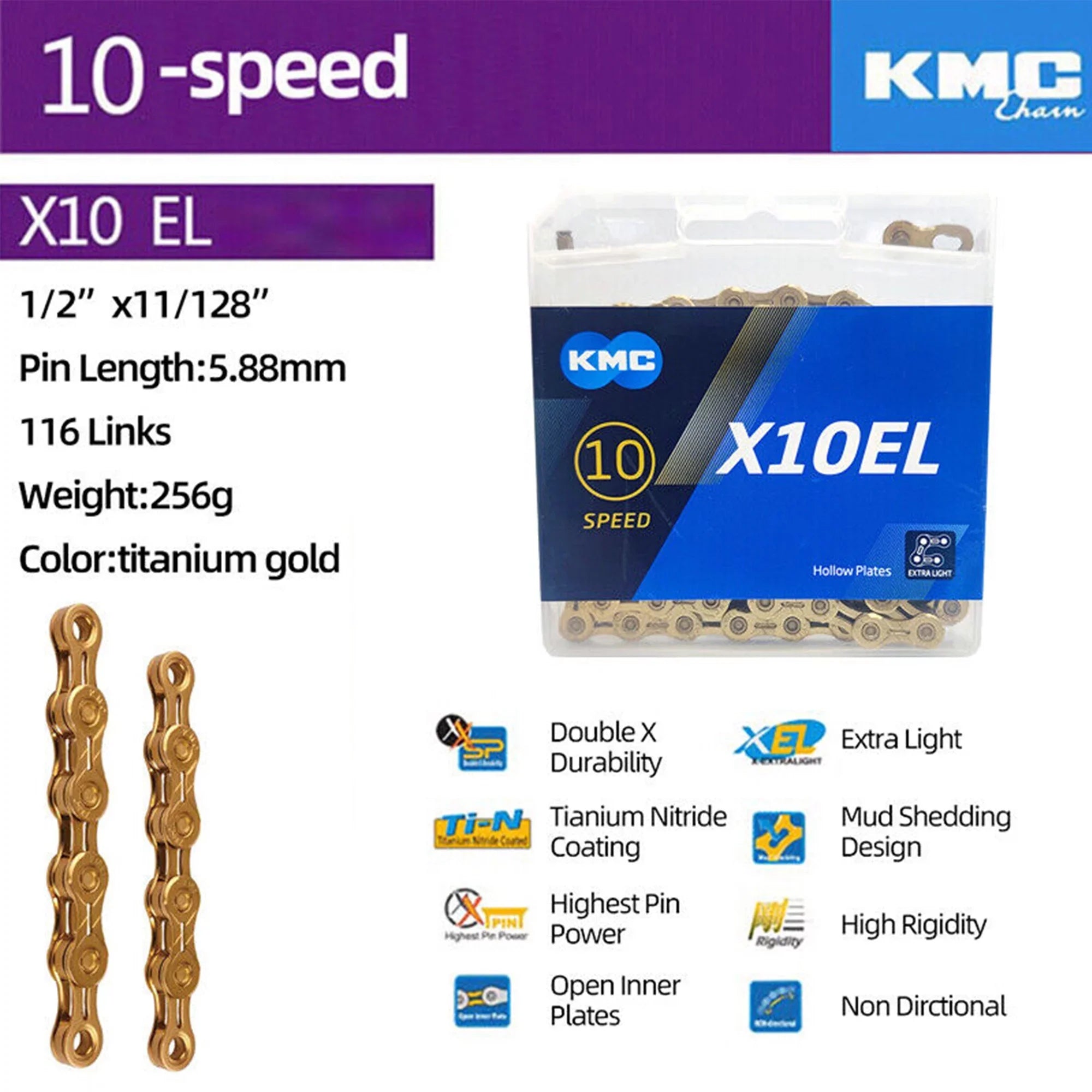 KMC X10EL Bicycle Chain 10 Speed Road Bike Chain Mountain Bike Chain 114L Glod