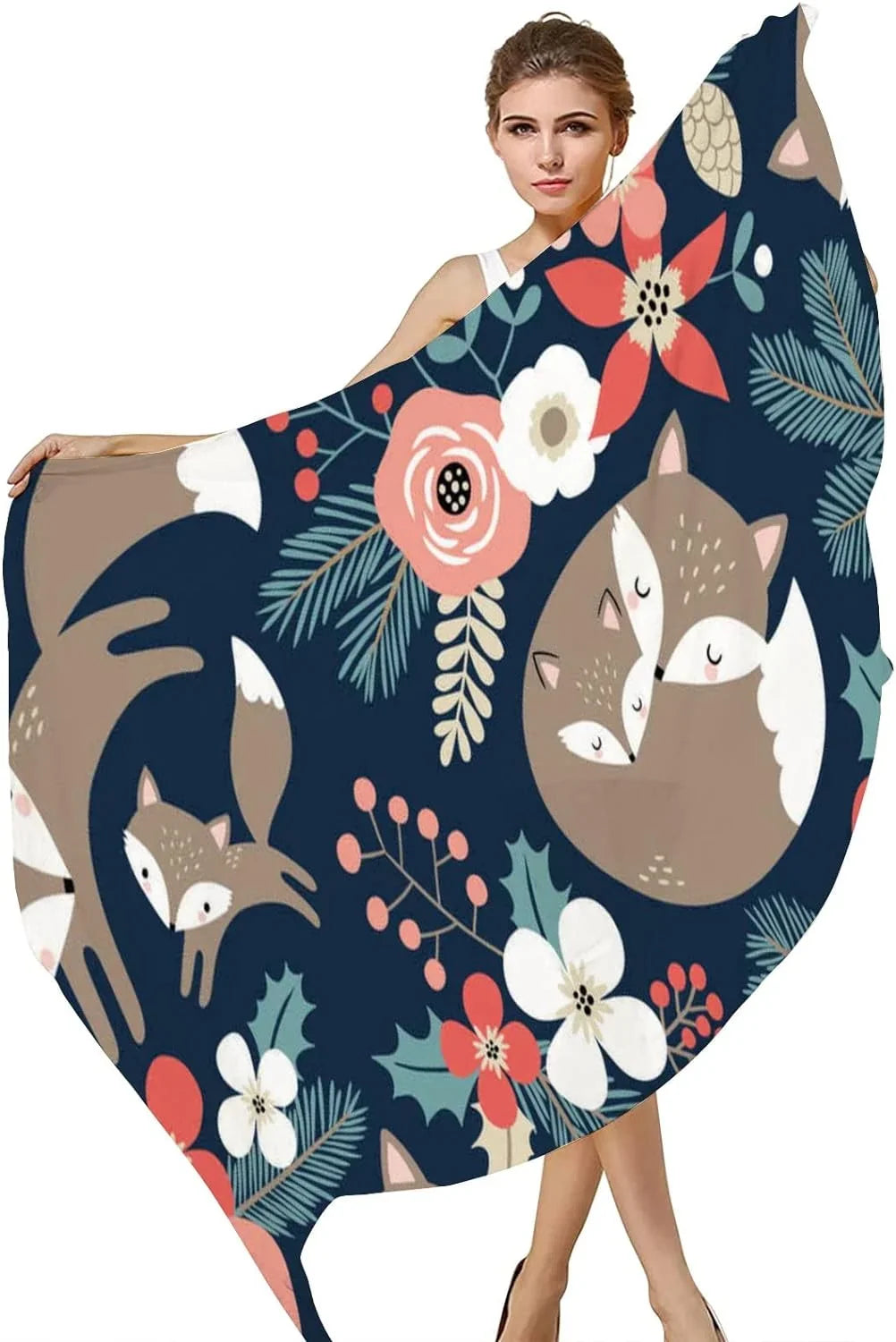 Hyjoy Cute Foxes and Flowers on Dark Blue Long Silk Neck Scarf Lightweight Shawl Wrap Scarves for Women Girls