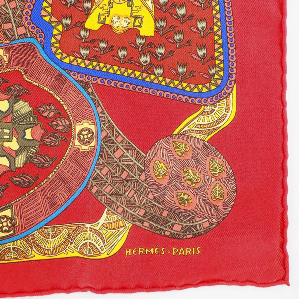 Pre-Owned Hermes Carré 45 ART des STEPPS Step Art Silk Red Women's Scarf (Like New)