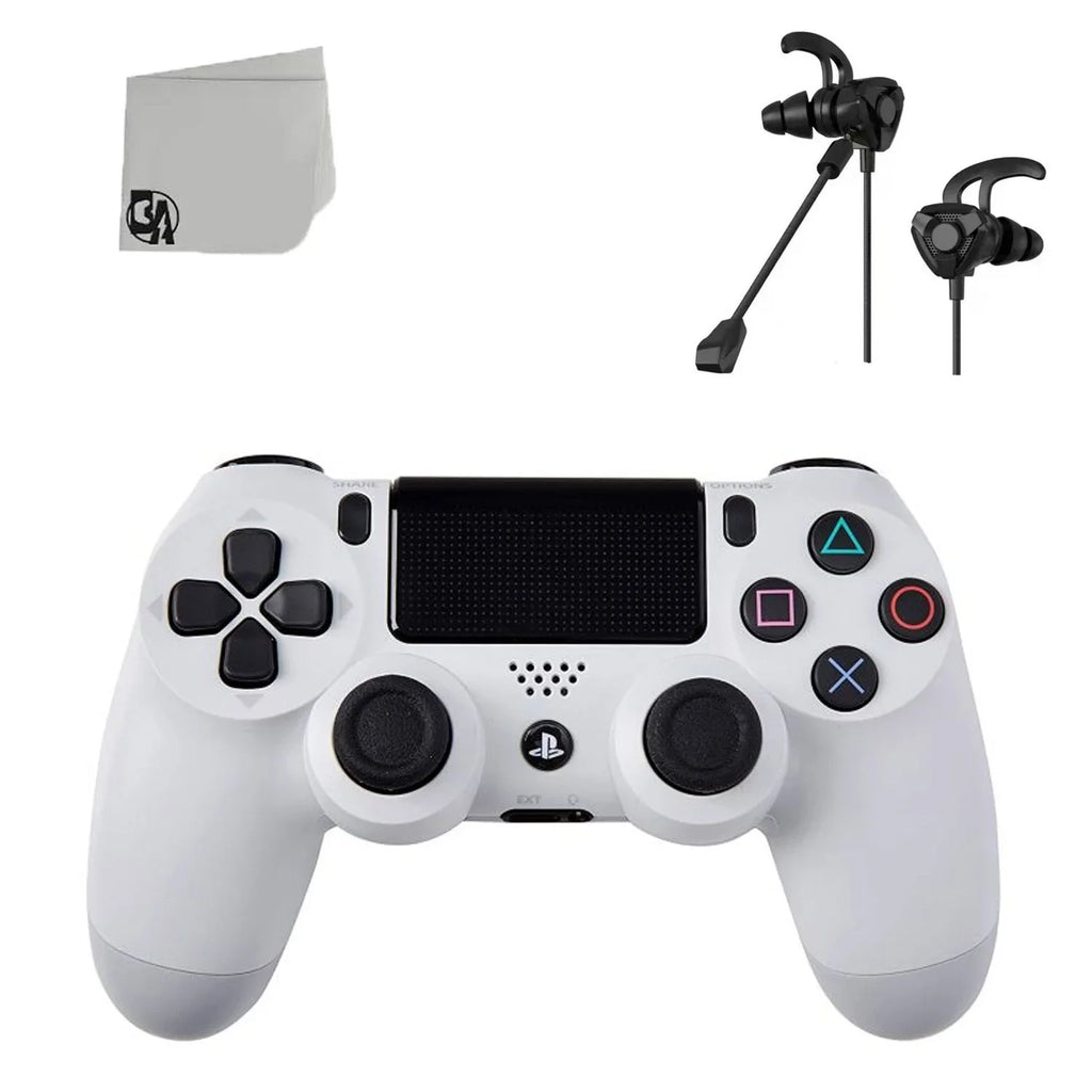 PlayStation 4 DualShock Wireless Controller Bundle - White Blue - With Earbuds Like New with BOLT AXTION