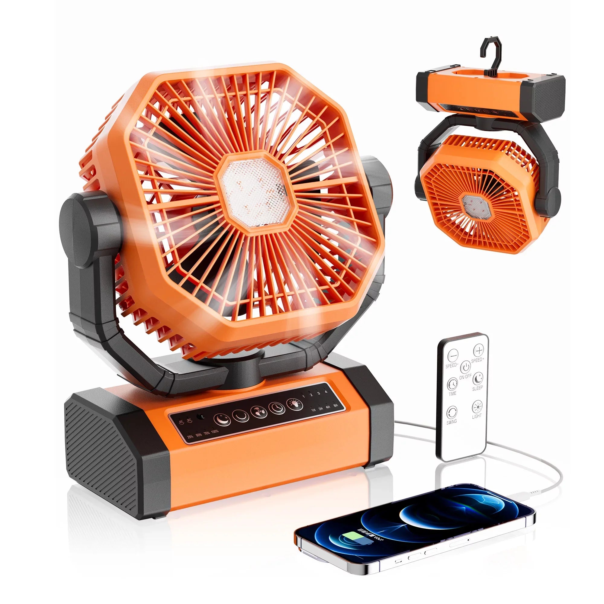 MORIKO Portable Cordless Fan 20000mAh Rechargeable Battery Powered VentiLatitudeor w/ LED Lantern, Remote, Hook, Timer, 270° Pivot 90° OscilLatitudeing 4 Speed Brushless Motor, Outdoor Jobsite Garage Patio Fan