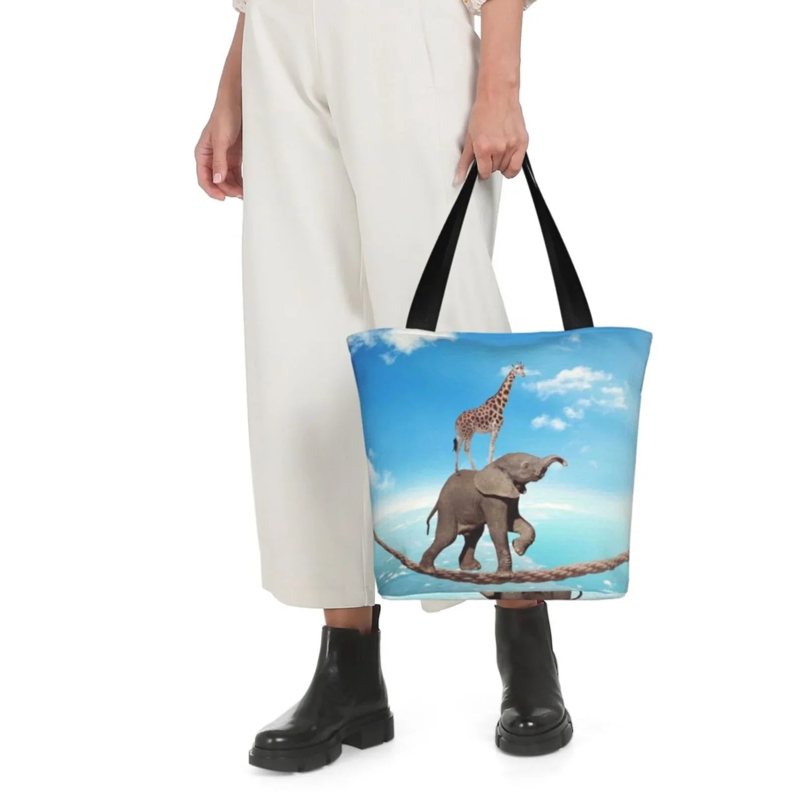 Lukts Elephant Giraffe Overcomes Fear By Walking On High Rope Tote Bag,Shoulder Bag Women'S Hobos Handbags Large Capacity Shopping Bag