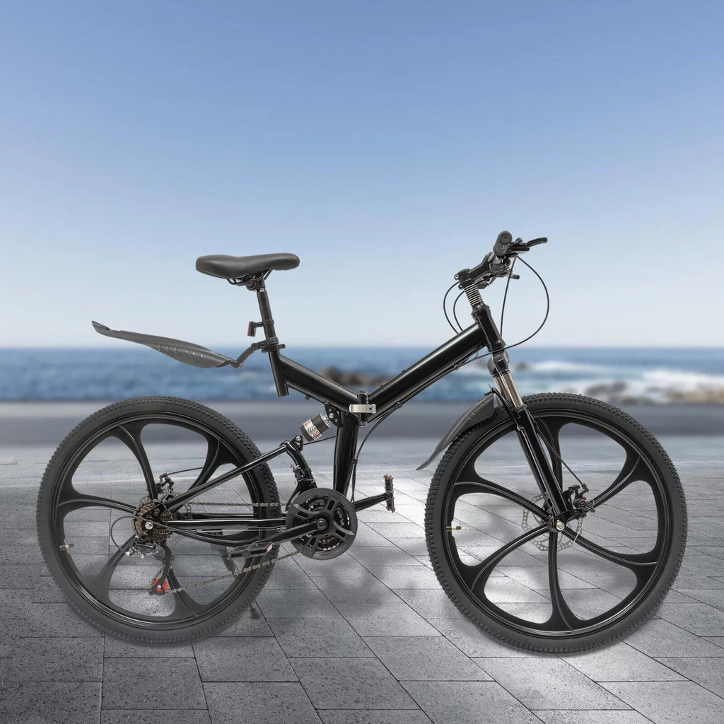 Miumaeov 26" Black Adult Folding Bike 21-Speed Shifter Folding City Bike Light Weight Carbon Steel Camping Bicycle Max Loading 150kg/330lbs