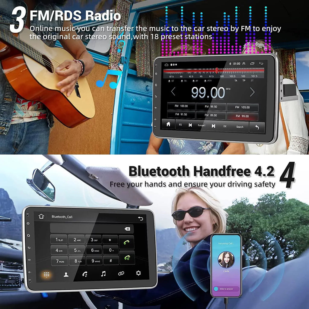 Podofo 1+16G Wireless Carplay Android Auto Single 1 Din 10.1'' Car Stereo Radio 180°Rotatable Vertical Screen Android 13 HD 1080P WIFI GPS FM Bluetooth, AHD Camera New
