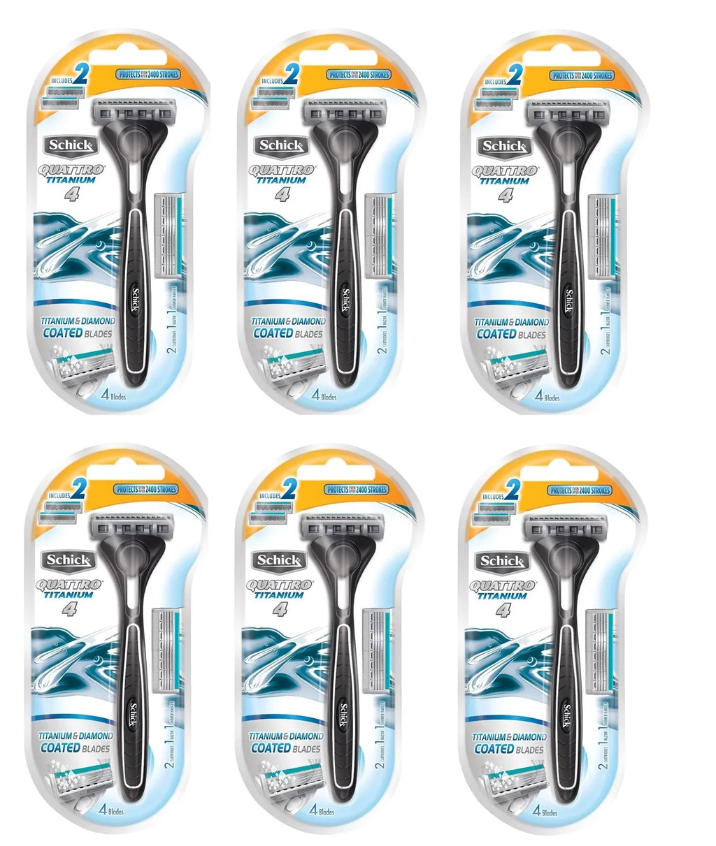 Schick Quattro Razor & Cartridges, Titanium Coated Blades, 1 Razor, 2 Cartridges (Pack of 6) + 3 Count Eyebrow Trimmer