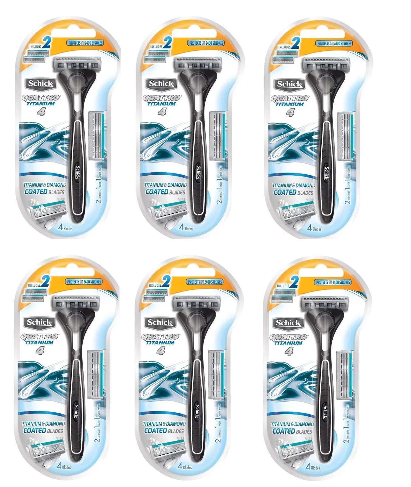 Schick Quattro Razor & Cartridges, Titanium Coated Blades, 1 Razor, 2 Cartridges (Pack of 6) + 3 Count Eyebrow Trimmer