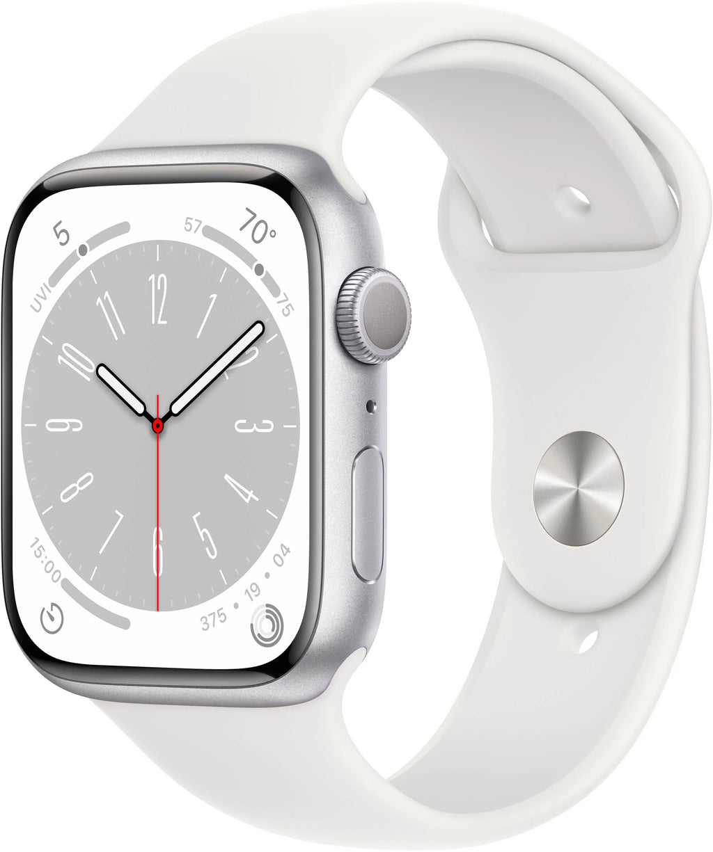 Restored  Watch Gen 8 Series 8 45mm Silver Aluminum - White Sport Band MP6P3LL/A (Refurbished)
