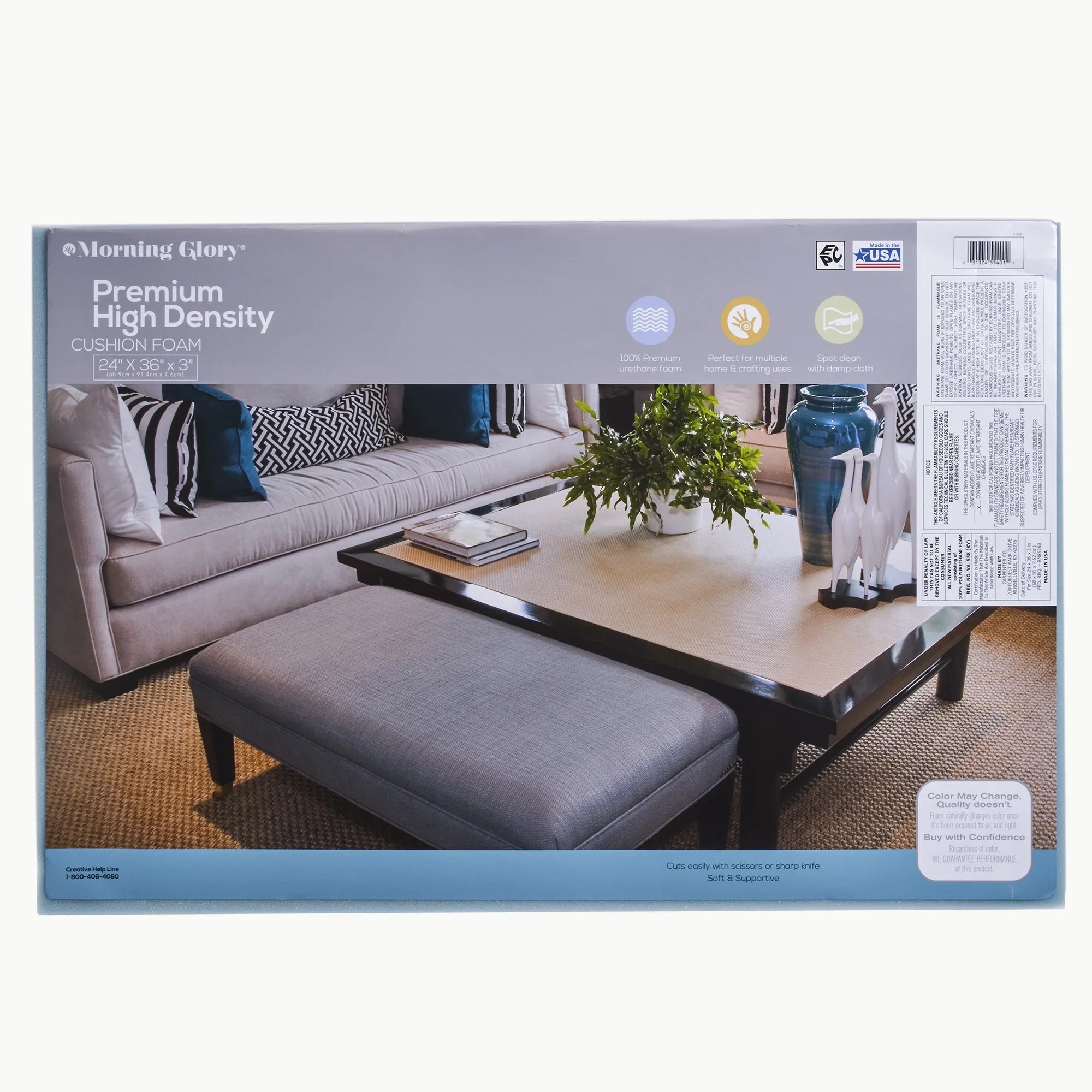 Morning Glory High Density Craft and Cushion Foam, 24" x 36" Rectangle x 3" Thick, 1 Each. Blue