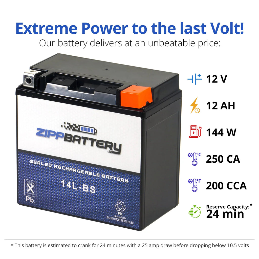 Zipp Battery YTX14-BS (14-BS 12 Volt,12 Ah, 200 CCA) Motorcycle Battery for Honda 1100cc Vt1100c, C3, T Shadow (spirit, Aero, A. C. E. Tourer) 2001