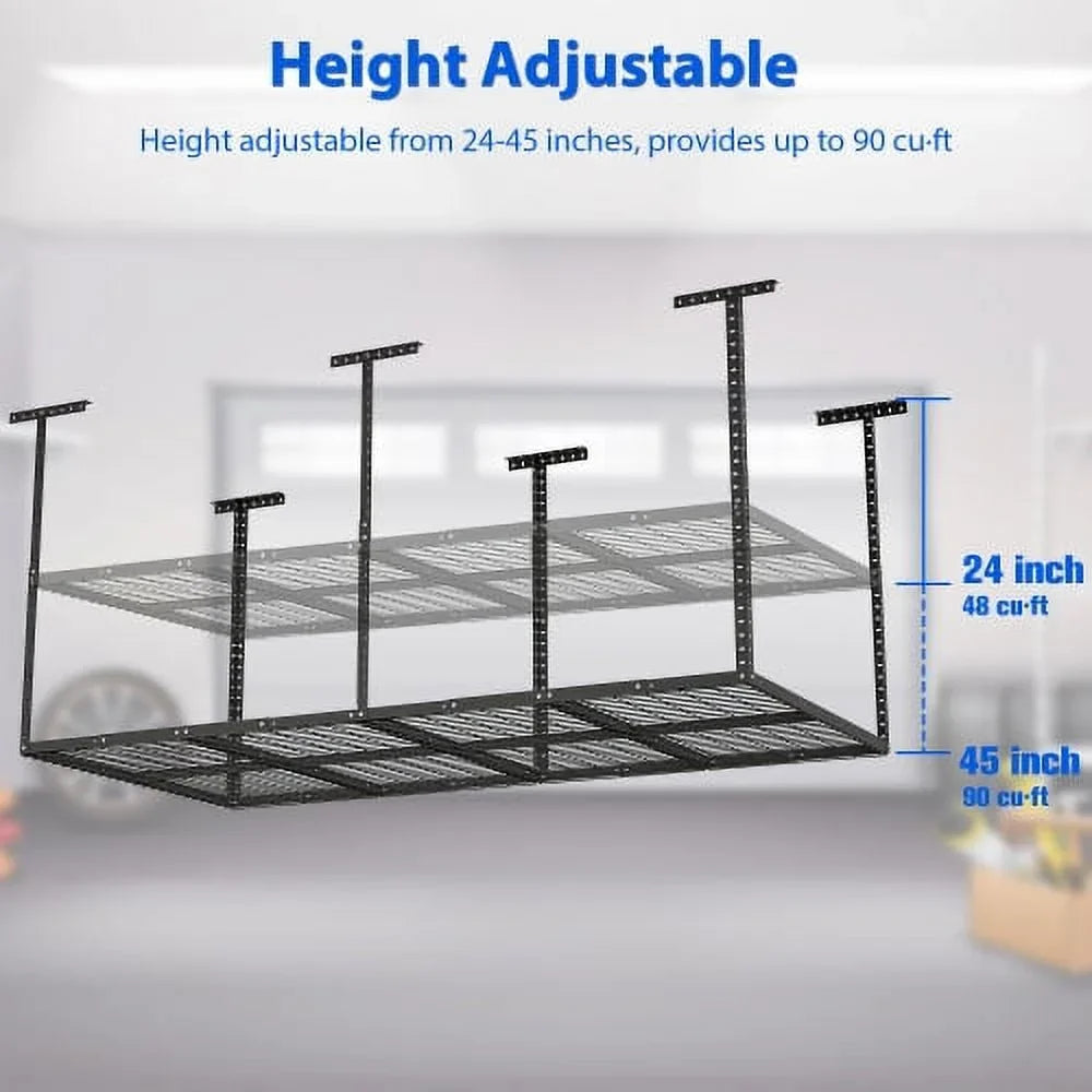 3x8ft Overhead Garage Storage Rack,Adjustable Garage Storage Organization Systerm,Heavy Duty Metal Garage Ceiling Storage Racks,660lbs Weight Capacity,Black