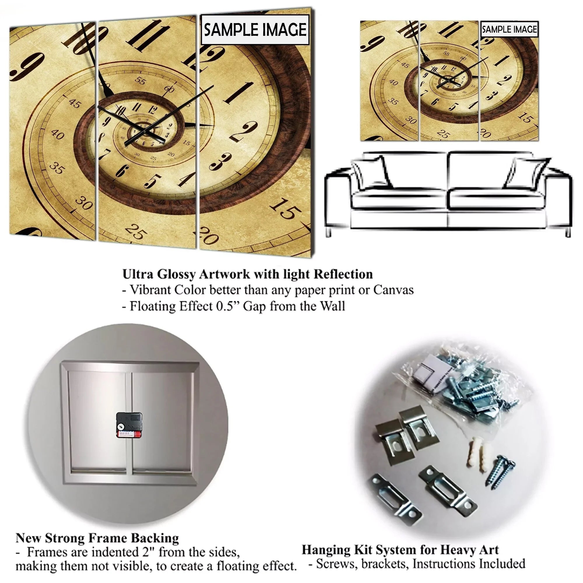DESIGN ART Designart 'Mineral Slice XV' Large Fashion Wall Clock - 3 Panels - 36 in. wide x 28 in. premium - 3 Panels