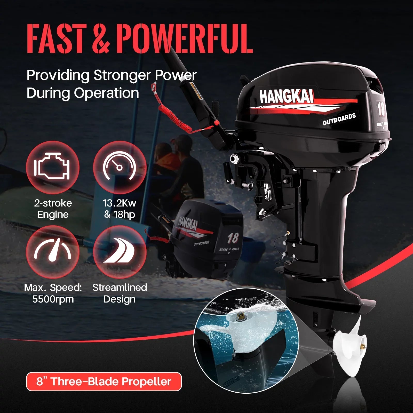 Fichiouy 2 Stroke 18  Outboard Motor Fishing Boat Engine Heavy Duty Water Cooling CDI System 246CC