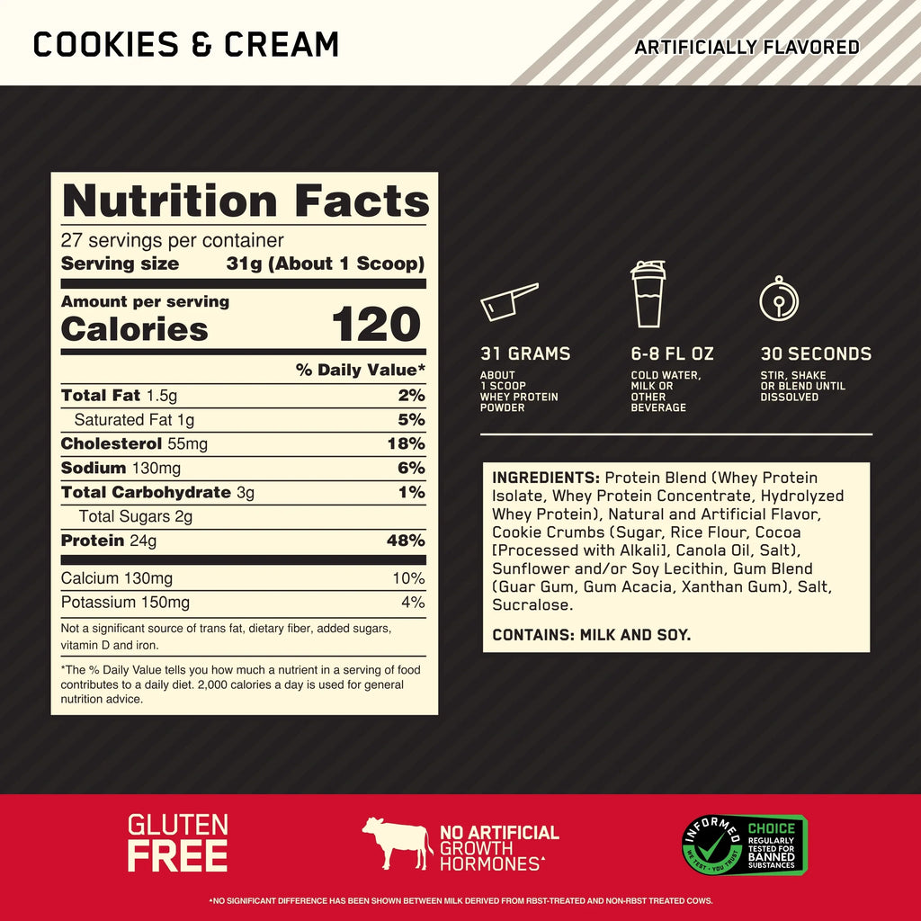 Optimum Nutrition, Gold Standard 100% Whey Protein Powder, 24 g Protein, Cookies & Cream, 1.85 lb, 27 Servings