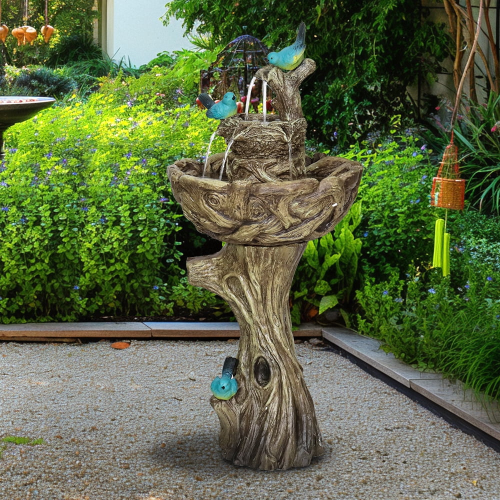 3-Tier Outdoor Water Fountain Bird Bath Patio Fountain Outdoor Stump Like Waterfall Fountain with Birds Decor Freestanding Patio Water Fountain Pump for Garden Yard Patio Porch