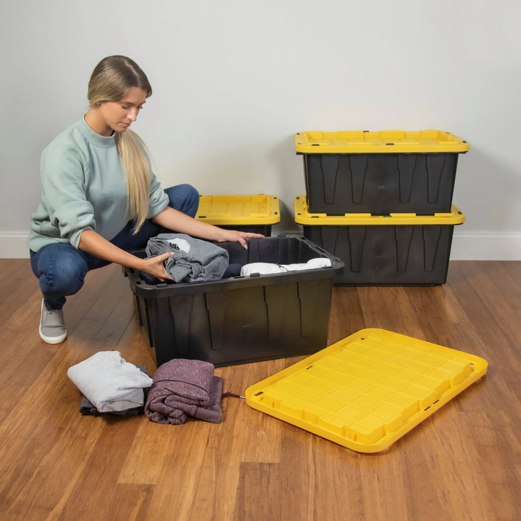 Tough Box 17 Gallon Stackable Snap Lid Plastic Storage Container, Black with Yellow Lid, Set of 4