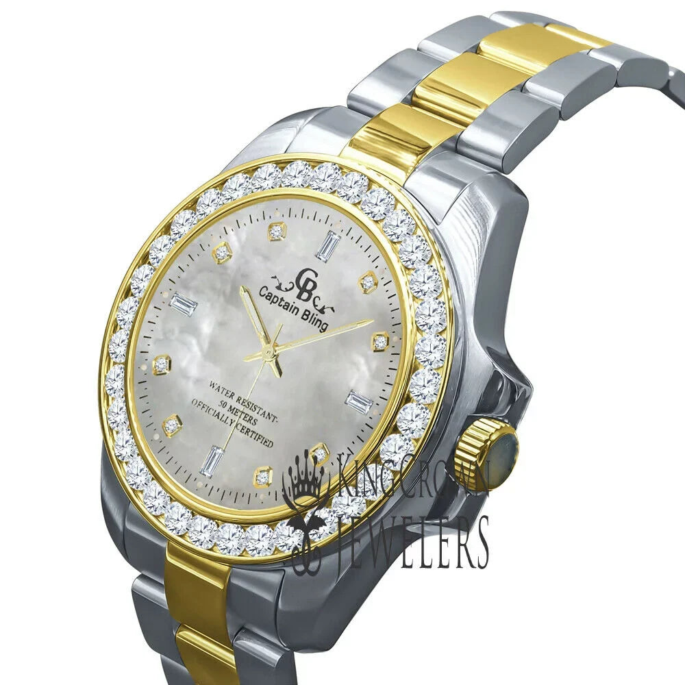 Mother Of Pearl Dial 2 Tone Solid Stainless Steel SimuLatitudeed Diamonds 18K Gold Finish Mens Watch