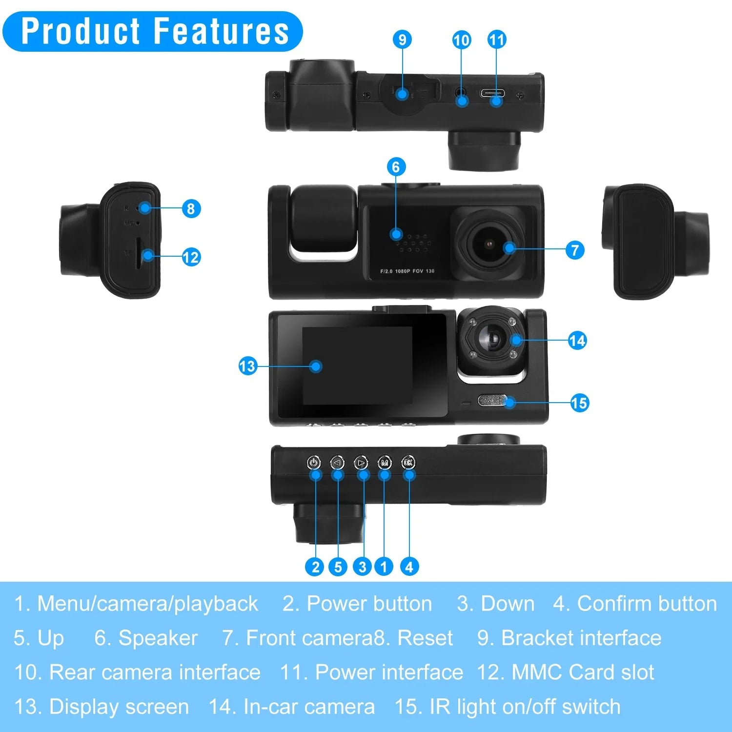 iMountek Dash Cam Front Rear and Inside 1080P Three Channels with IR Night Vision Car Camera, Monitor Driving Vehicle Recorder