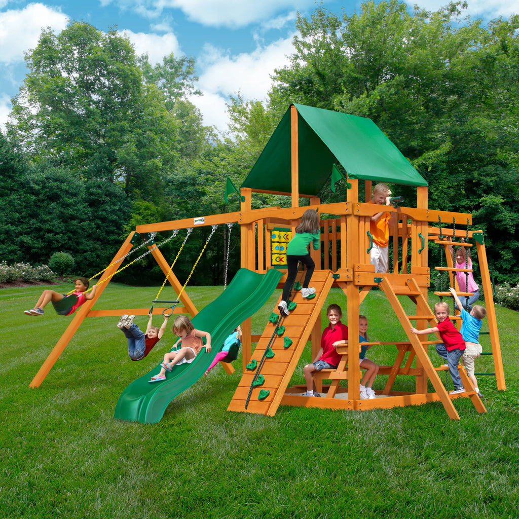 Gorilla Playsets Navigator Wooden Swing Set with Green Vinyl Canopy, Monkey Bars, and Rock Climbing Wall