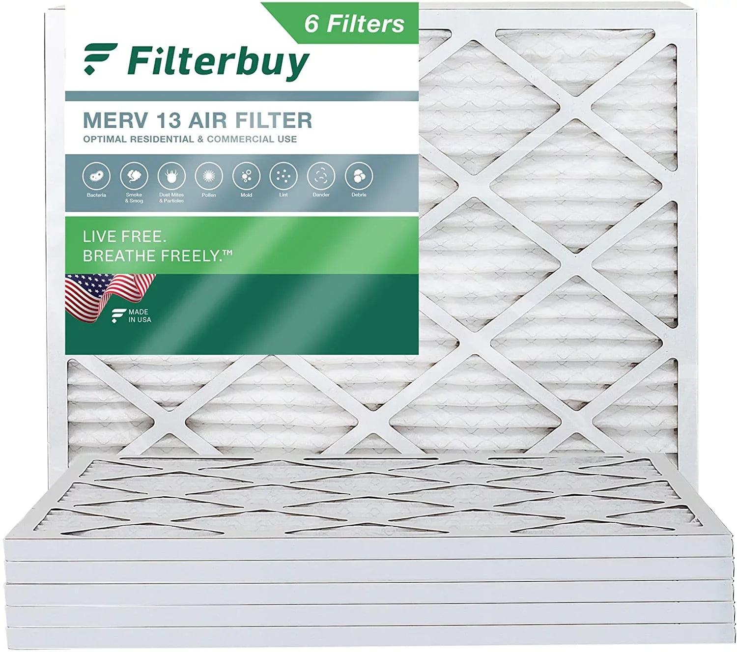 Filterbuy 16x20x1 MERV 13 Pleated HVAC AC Furnace Air Filters (6-Pack)