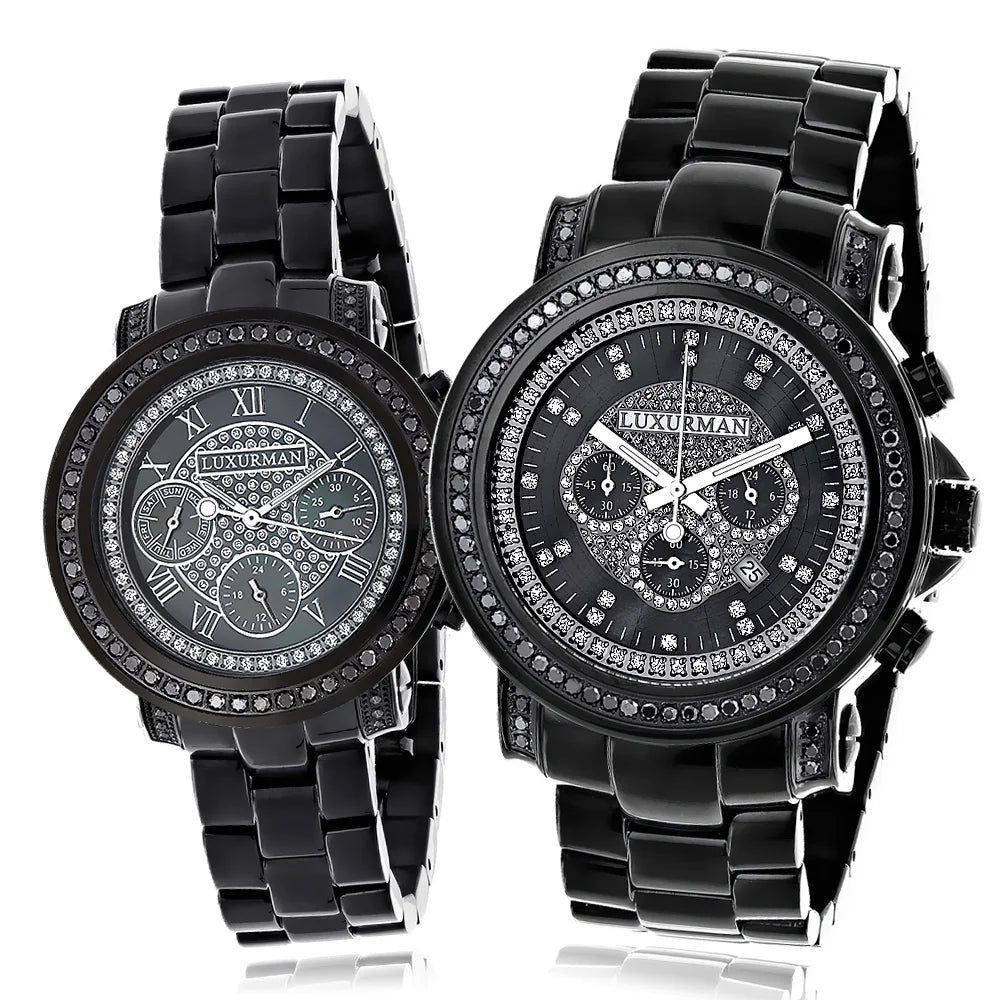 Large Matching His and Hers Watches: 5.15ct Black Diamond Watch Set