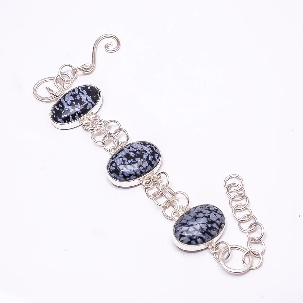 Snowflake Obsidian -Utah 925 Silver PLatitudeed Adjustable Bracelet 7.99", Black Snowflake Obsidian Bracelet B_9205_388_14