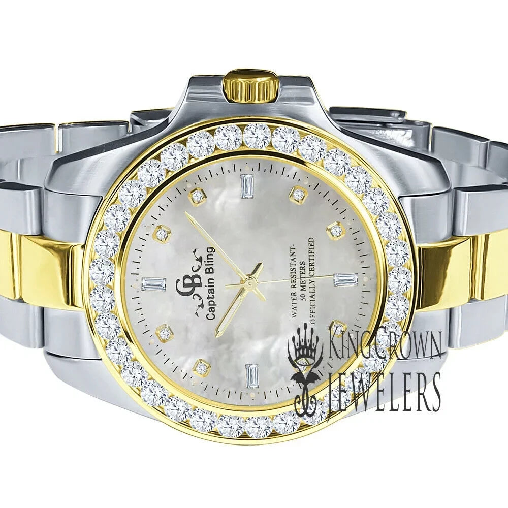 Mother Of Pearl Dial 2 Tone Solid Stainless Steel SimuLatitudeed Diamonds 18K Gold Finish Mens Watch