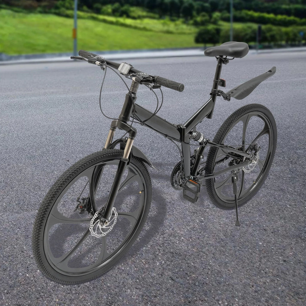 Miumaeov 26" Black Adult Folding Bike 21-Speed Shifter Folding City Bike Light Weight Carbon Steel Camping Bicycle Max Loading 150kg/330lbs