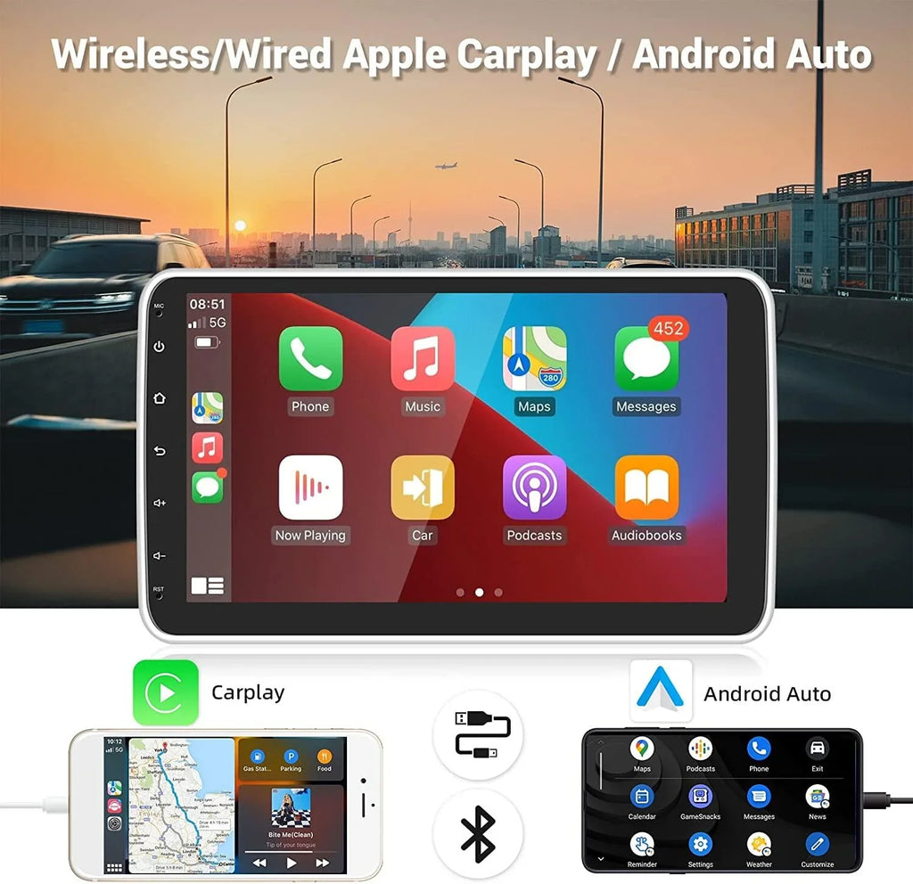 Podofo 1+16G Wireless Carplay Android Auto Single 1 Din 10.1'' Car Stereo Radio 180°Rotatable Vertical Screen Android 13 HD 1080P WIFI GPS FM Bluetooth, AHD Camera New