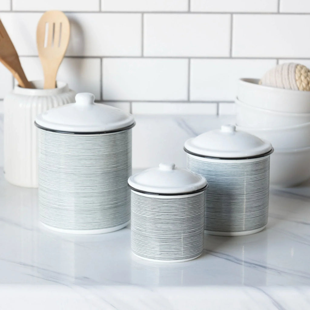 Creative Design Glossy Striped Metal Kitchen Canisters - 7.5" - White and Black - Set of 3
