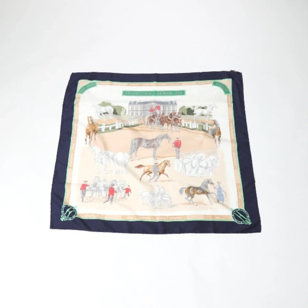 Pre-Owned HERMES LES HARAS NATIONAUX Kare90 Hermes Navy Scarf (Good)