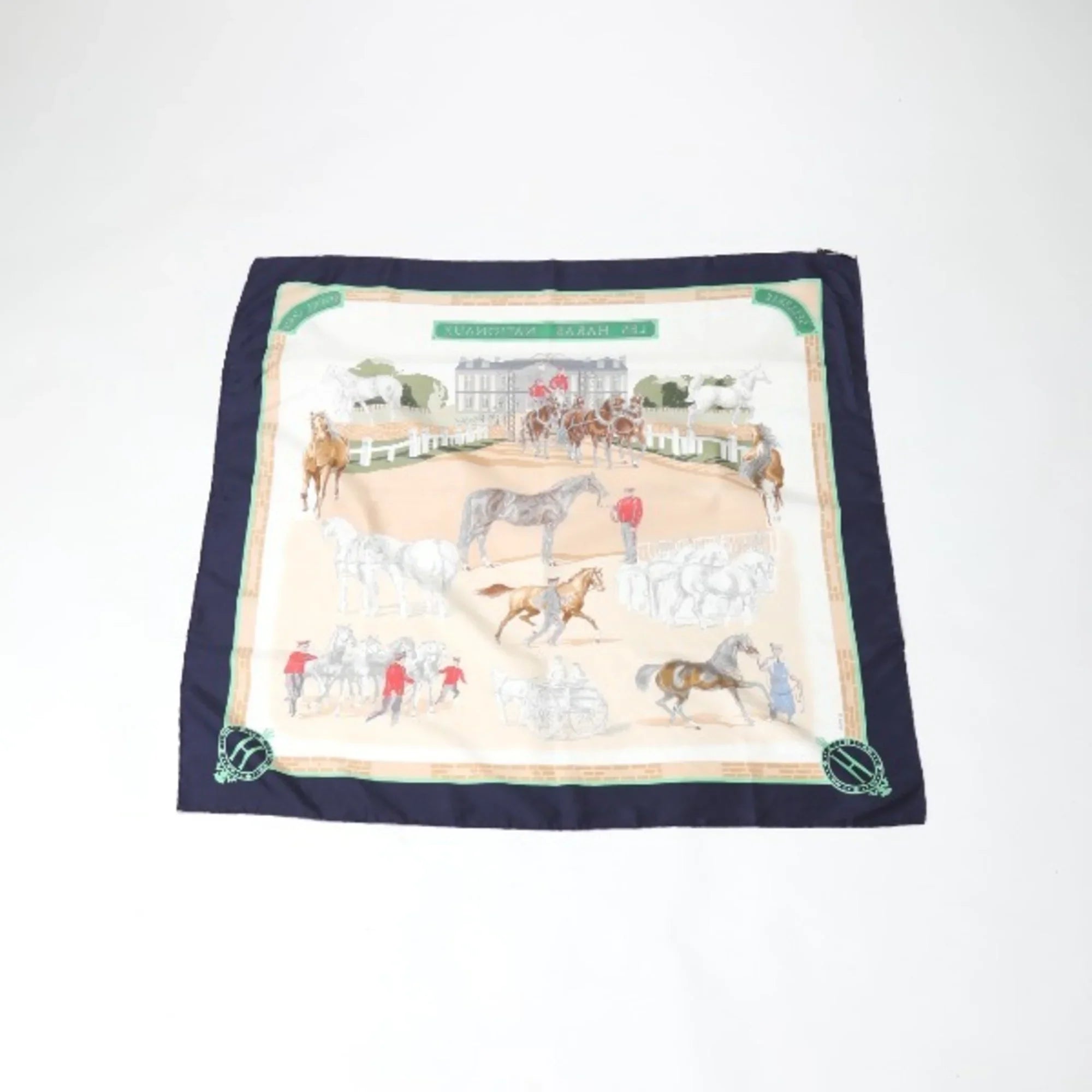 Pre-Owned HERMES LES HARAS NATIONAUX Kare90 Hermes Navy Scarf (Good)