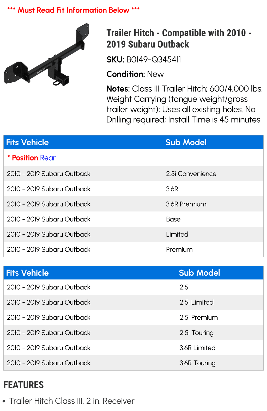 Trailer Hitch - Compatible with 2010 - 2019 Subaru Outback 2011 2012 2013 2014 2015 2016 2017 2018