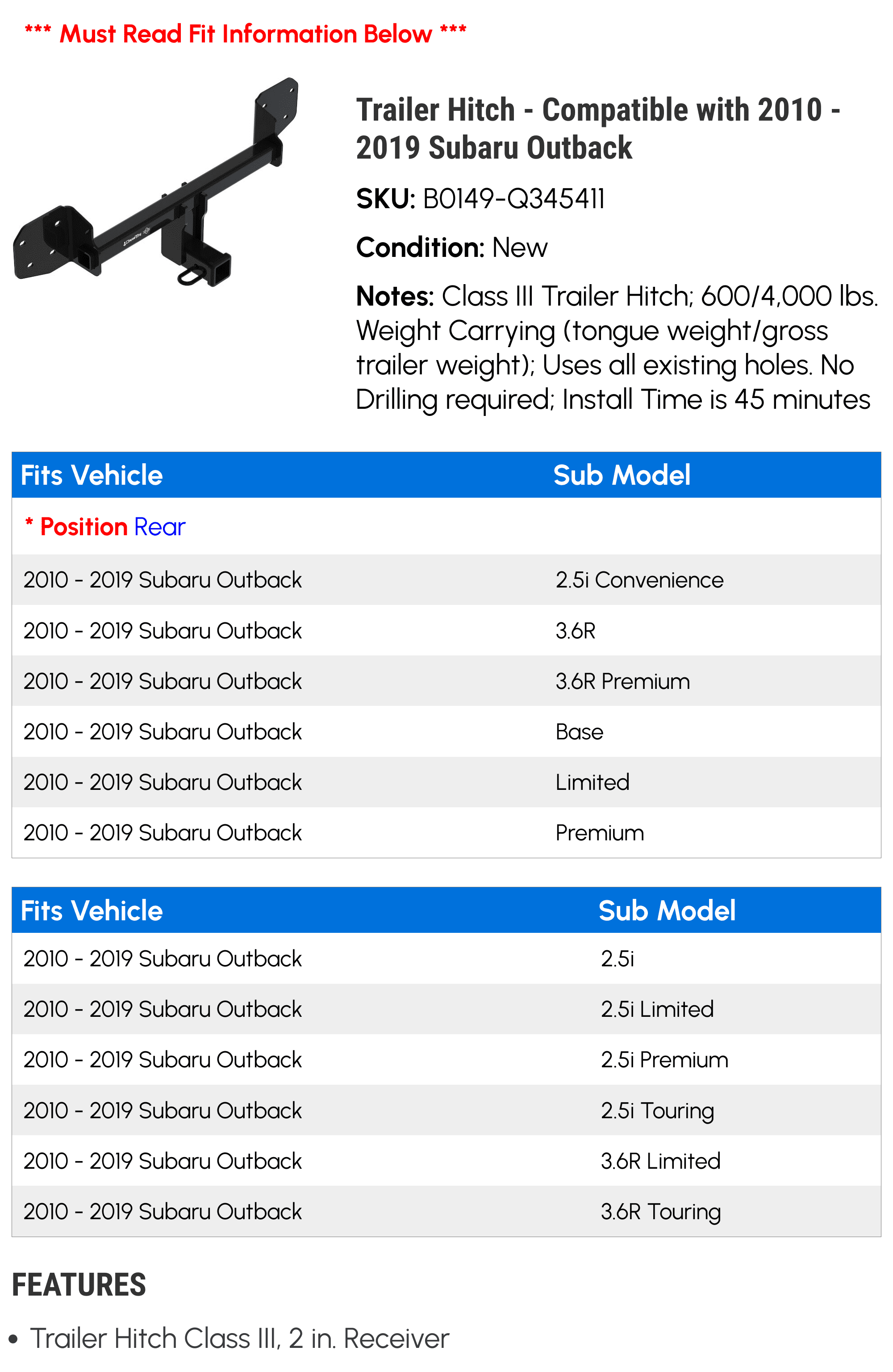 Trailer Hitch - Compatible with 2010 - 2019 Subaru Outback 2011 2012 2013 2014 2015 2016 2017 2018