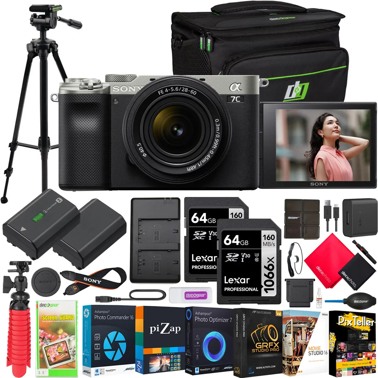 a7C Mirrorless Full Frame Camera Body with 28-60mm F4-5.6 Lens Kit Silver ILCE7CL/S Bundle with Deco Gear Photography Case + Tripod + Extra Battery, Dual Charger, Software and Accessories