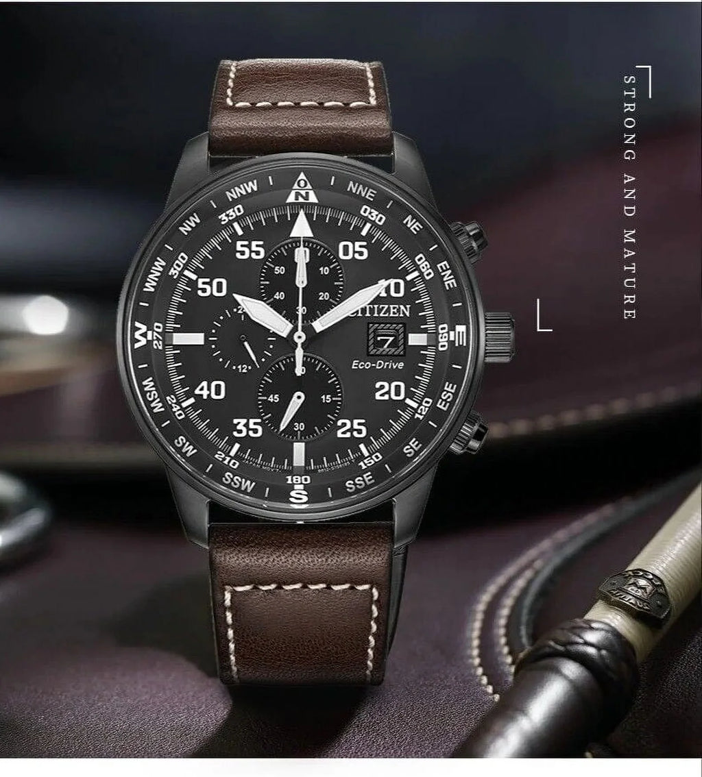 NEW Men's Classic Business Aviator Chronograph Black Dial Eco-Drive Watch