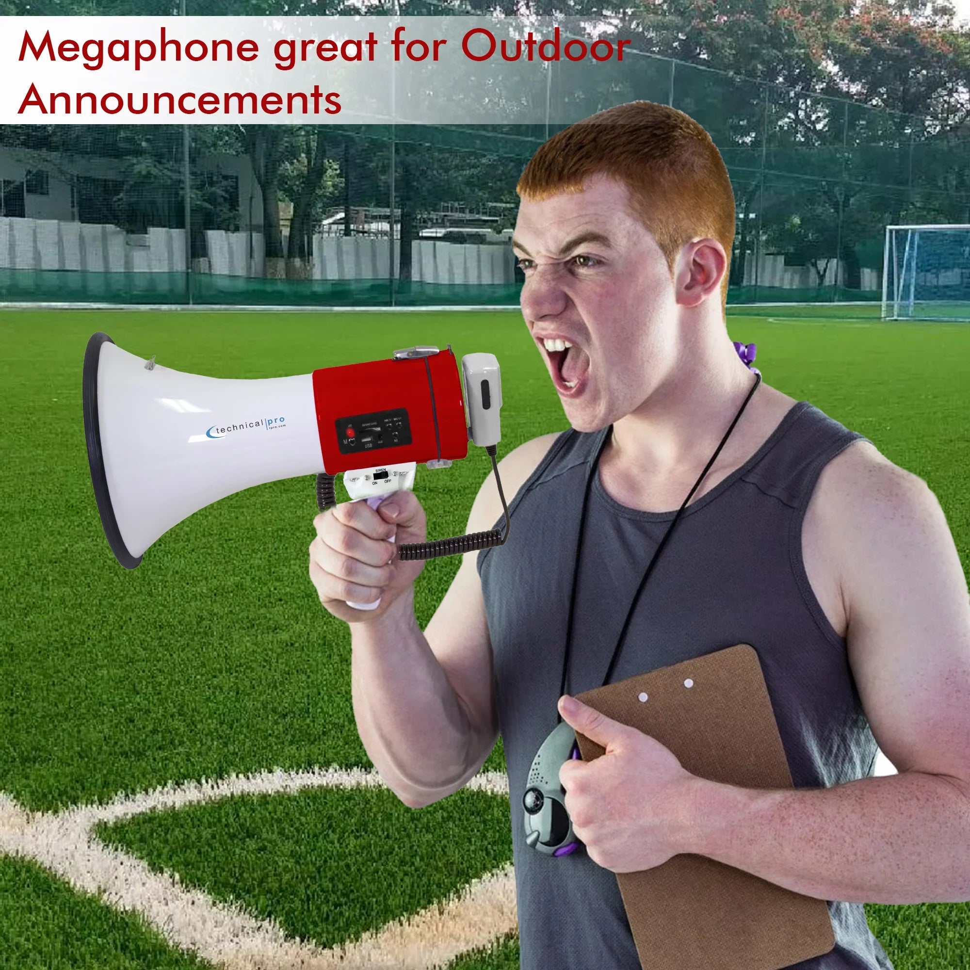 Technical Pro Red Megaphone 75-Watt Siren Bullhorn - Bullhorn Speaker w/Detachable Microphone, Portable Lightweight Strap Detachable PA - Professional Outdoor Voice for Police And Cheer leading