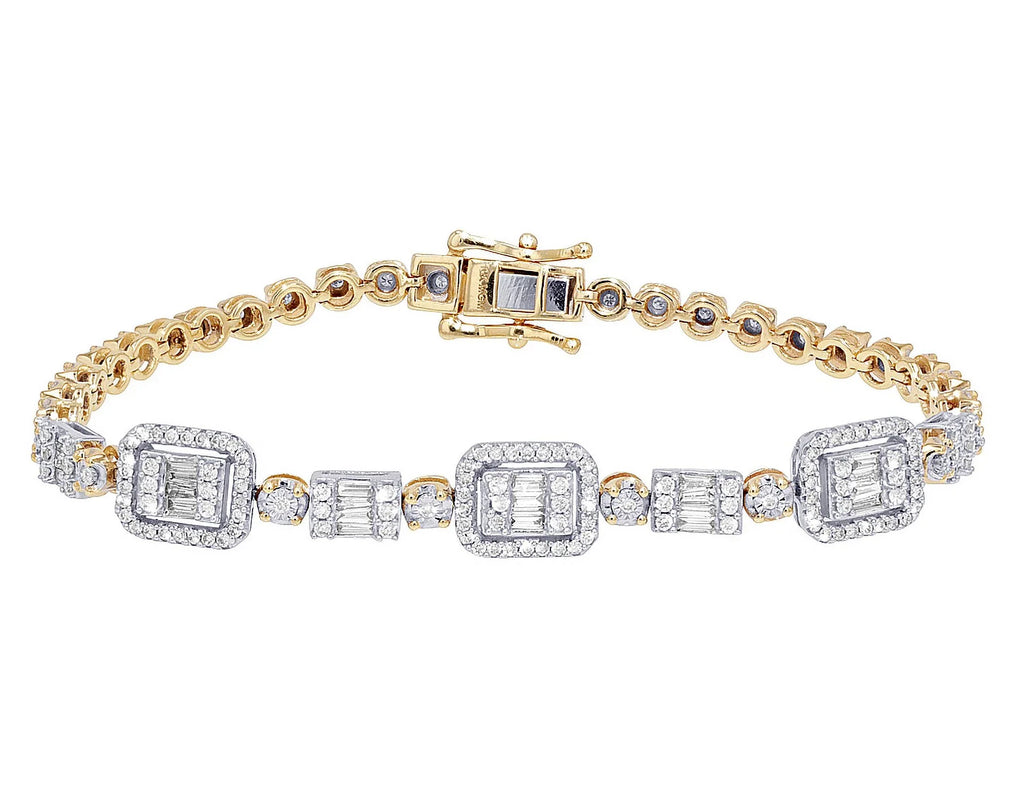 Baguette Cluster Halo 1.30 CT Diamond Illusion n Toni Set Bracelet Yellow-White Gold 3MM 7"