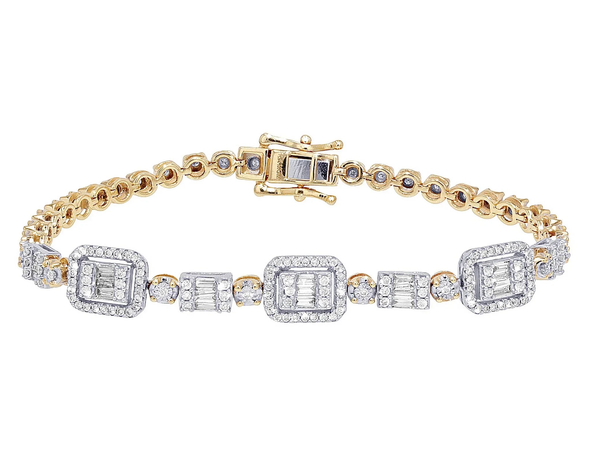 Baguette Cluster Halo 1.30 CT Diamond Illusion n Toni Set Bracelet Yellow-White Gold 3MM 7"