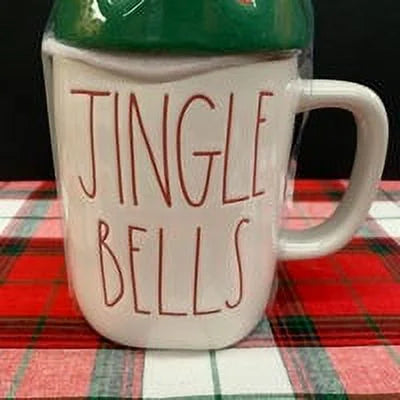 Rae Dunn JINGLE BELLS Ceramic Mug in Ivory with Red LL Letter and Red Green Cap Topper Christmas
