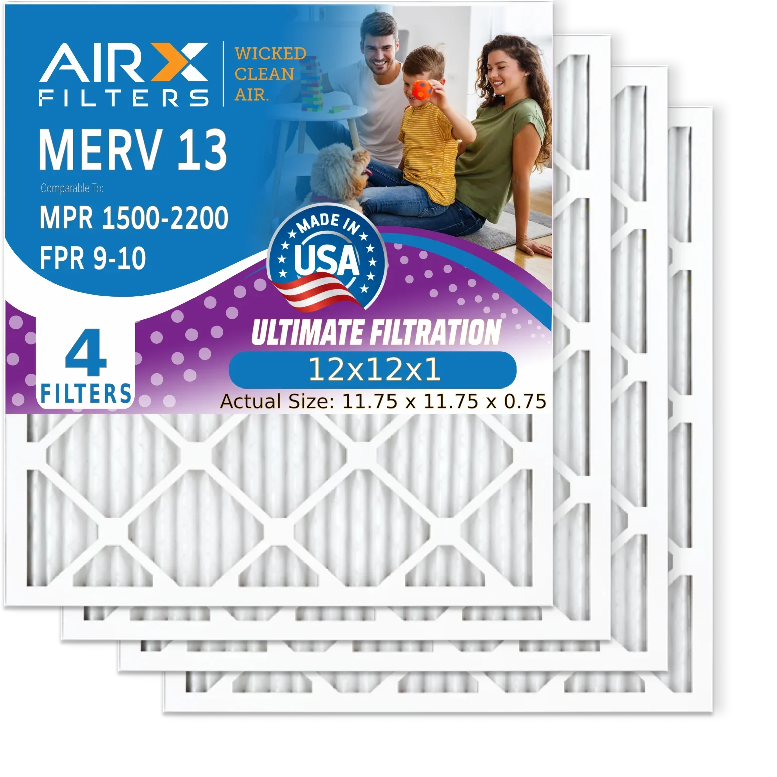 12x12x1 Air Filter MERV 13 Comparable to MPR 1500 - 2200 & FPR 9 Electrostatic Pleated Air Conditioner Filter 4 Pack HVAC AC Premium USA Made 12x12x1 Furnace Filters by AIRX FILTERS WICKED CLEAN AIR.