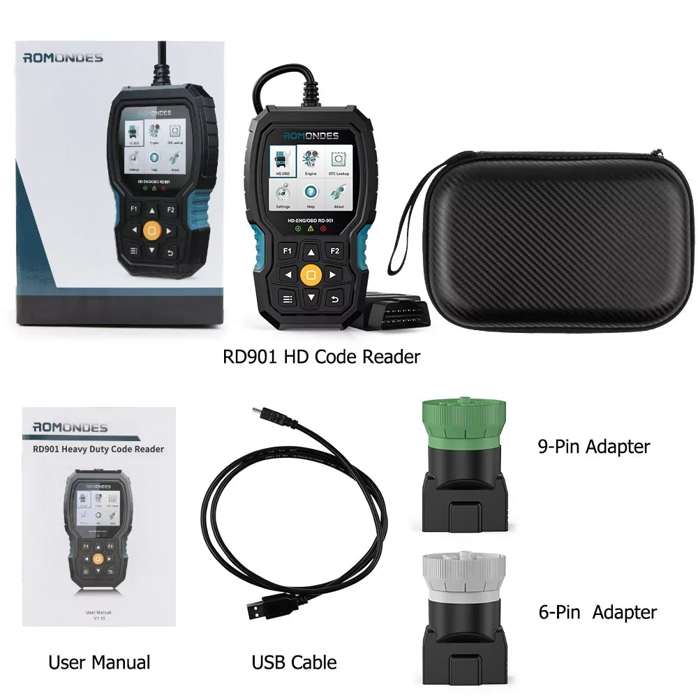 Romondes RD901 Heavy Duty Truck Scanner EOBD OBD2 Scan Tool HD OBD Diesel Scanner All System Diagnostic Tool with DPF Oil Light Reset HD Heavy Duty Truck OBD Car  2 in 1 Code Reader