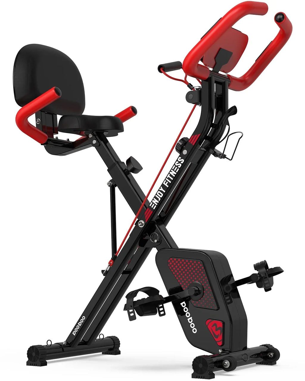 Pooboo 3-in-1 Exercise Bike Quiet Folding Magnetic Stationary Bike Exercise Bikes with Arm Resistance Bands Home Workout Bike 360 lbs