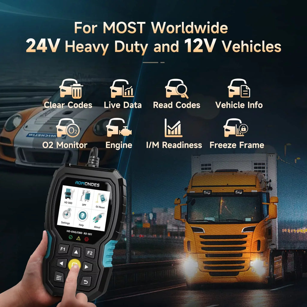 Romondes RD901 Heavy Duty Truck Scanner EOBD OBD2 Scan Tool HD OBD Diesel Scanner All System Diagnostic Tool with DPF Oil Light Reset HD Heavy Duty Truck OBD Car  2 in 1 Code Reader